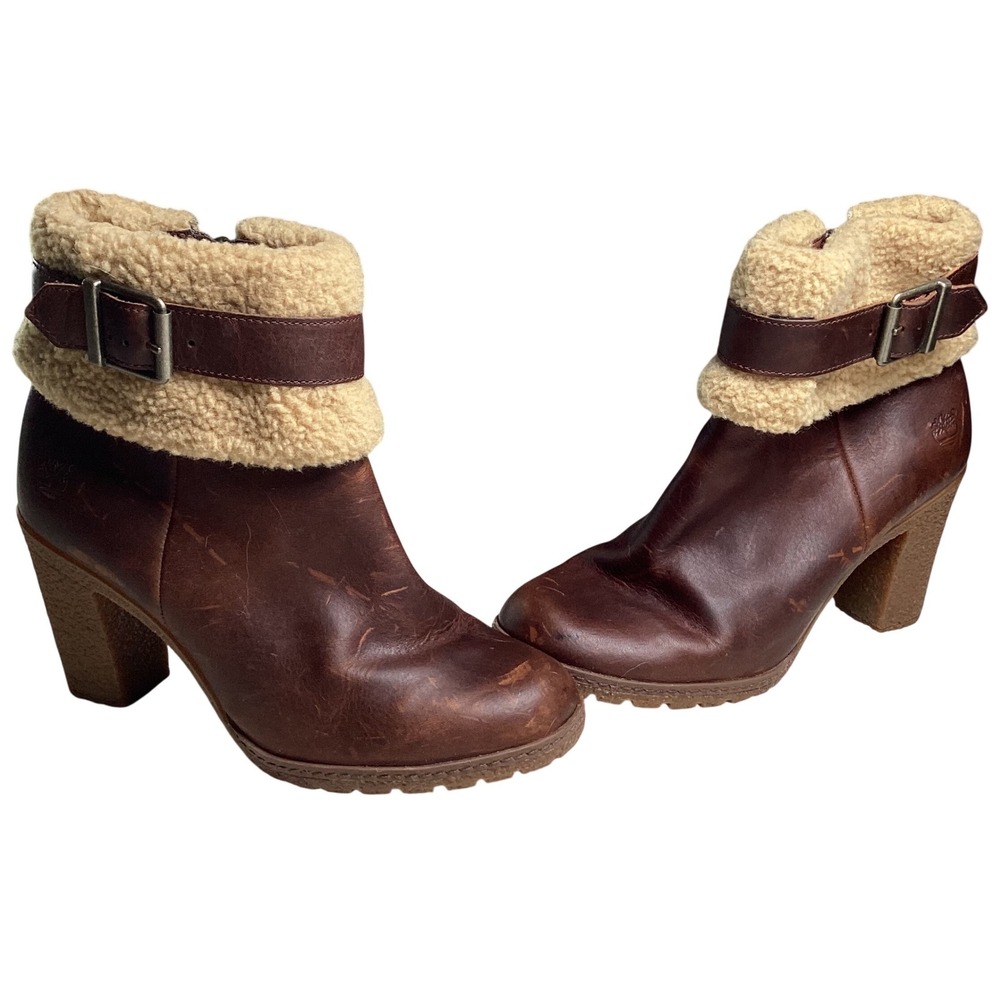 Timberland Brown Leather Shearling Ankle Boots Block Heel Women's Size 8